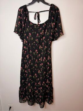 Black Midi Dress with Pink Rose Print and Flutter Sleeves